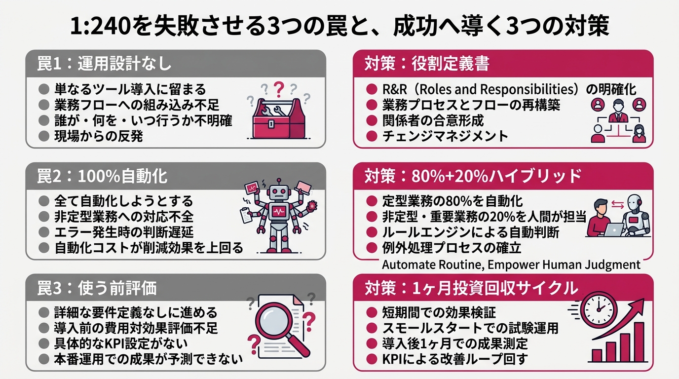1:240が機能しない3つの罠を3層フローチャートで整理した図解