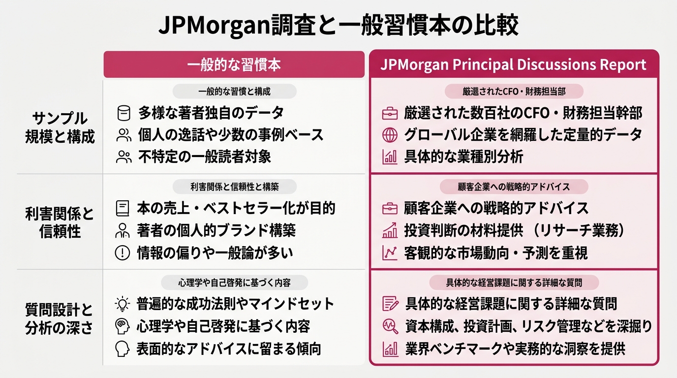 JPMorgan調査と一般習慣本の違いを3軸で比較した表
