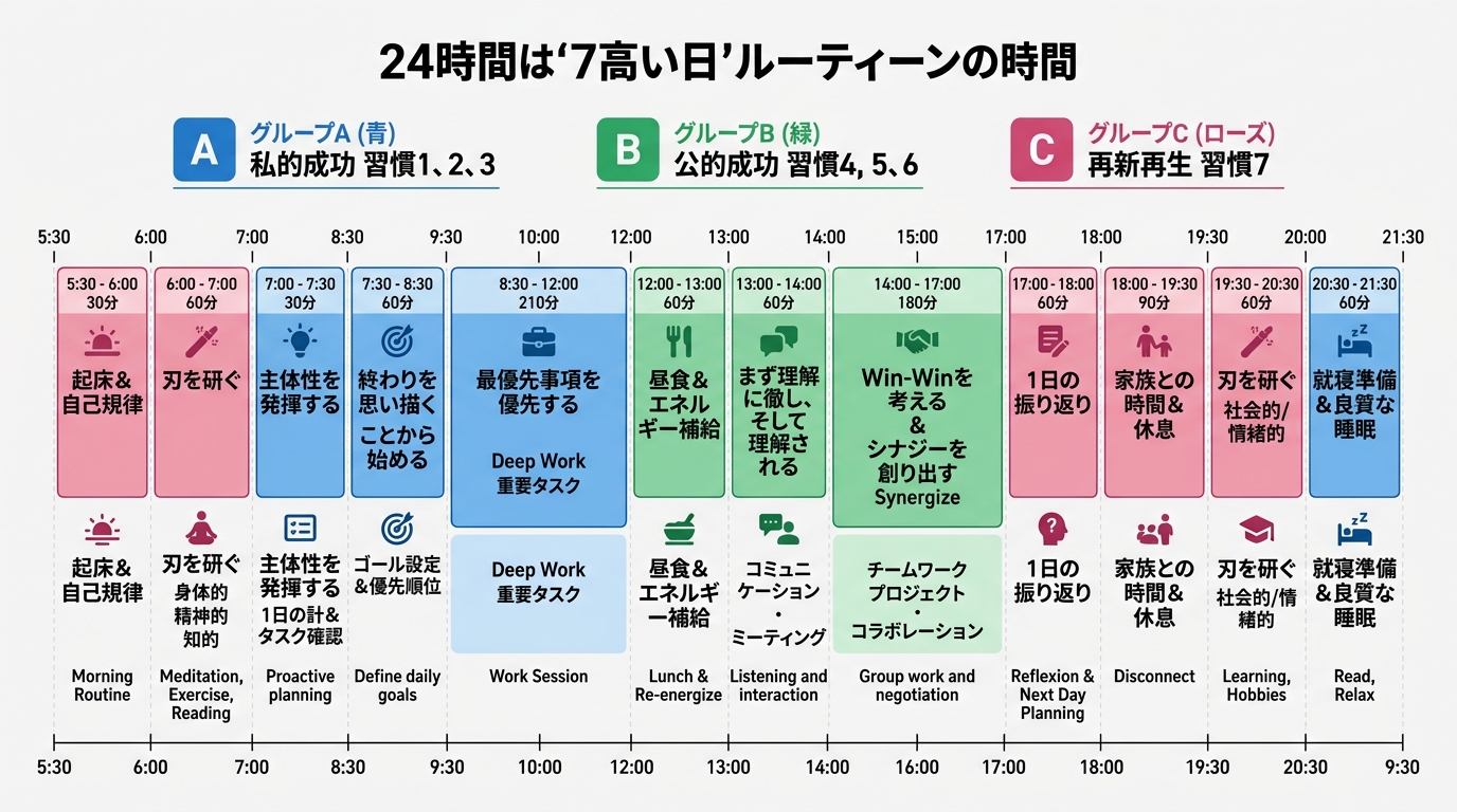 7習慣を1日のタイムスケジュールに落とした24時間ルーチン図