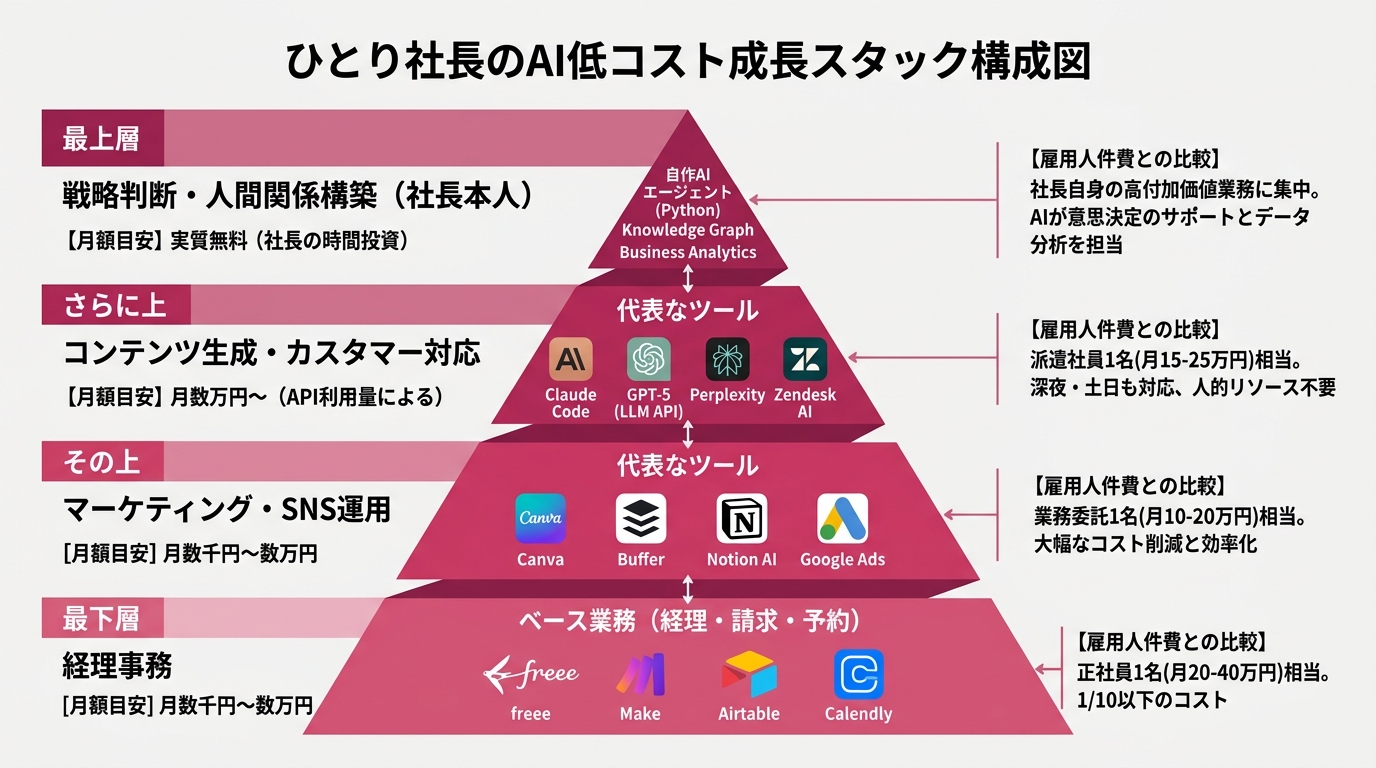 A stack diagram of a solo founder's AI low-cost growth setup. Bottom layer "Base operations (accounting, billing, scheduling)," above that "Marketing/SNS operations," and above that "Content generation/customer..."
