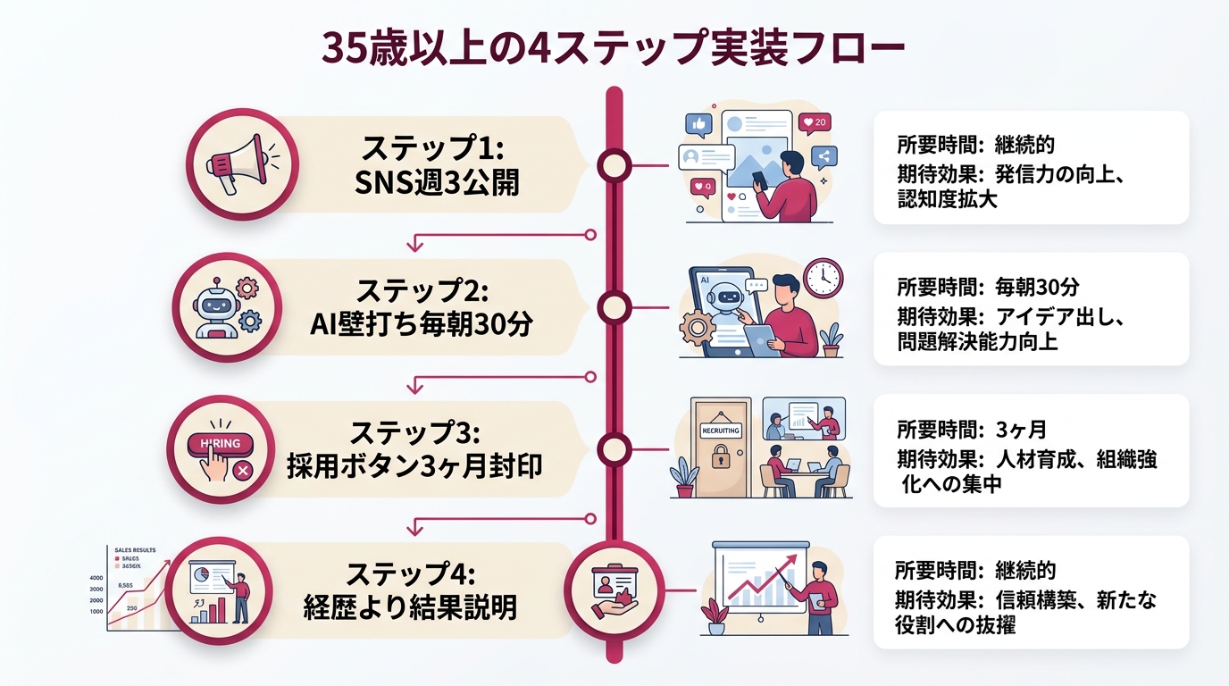 35歳以上の4ステップ実装フローを縦長タイムラインで配置