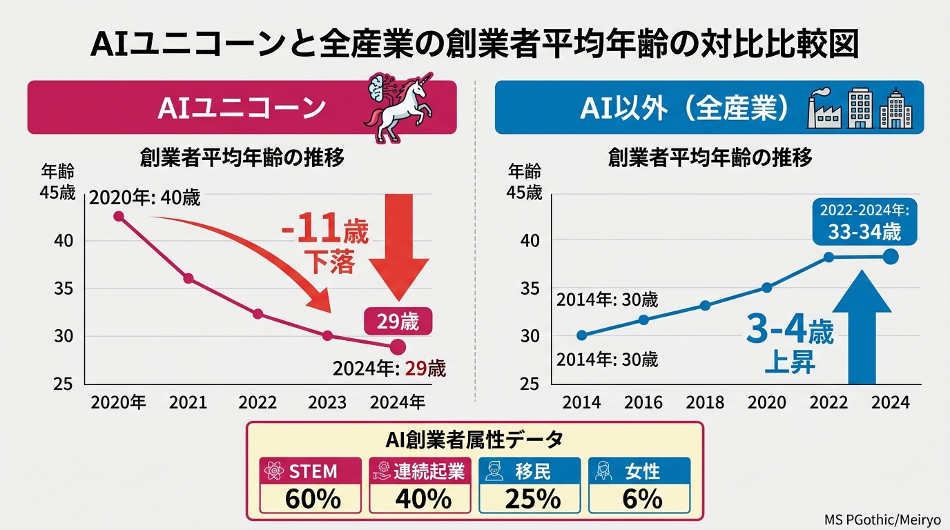 AIユニコーンと全産業の創業者平均年齢の対比比較図