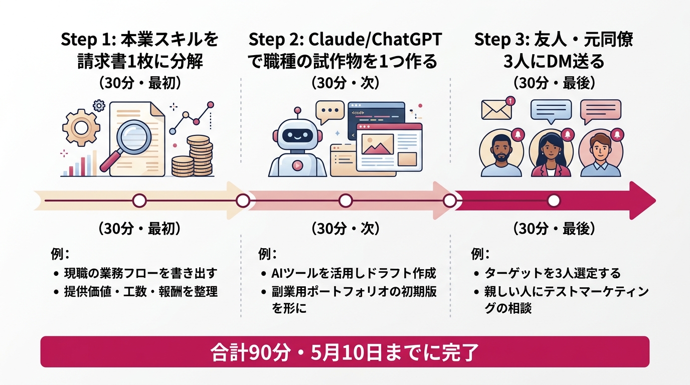 横軸タイムラインの3ステップ図