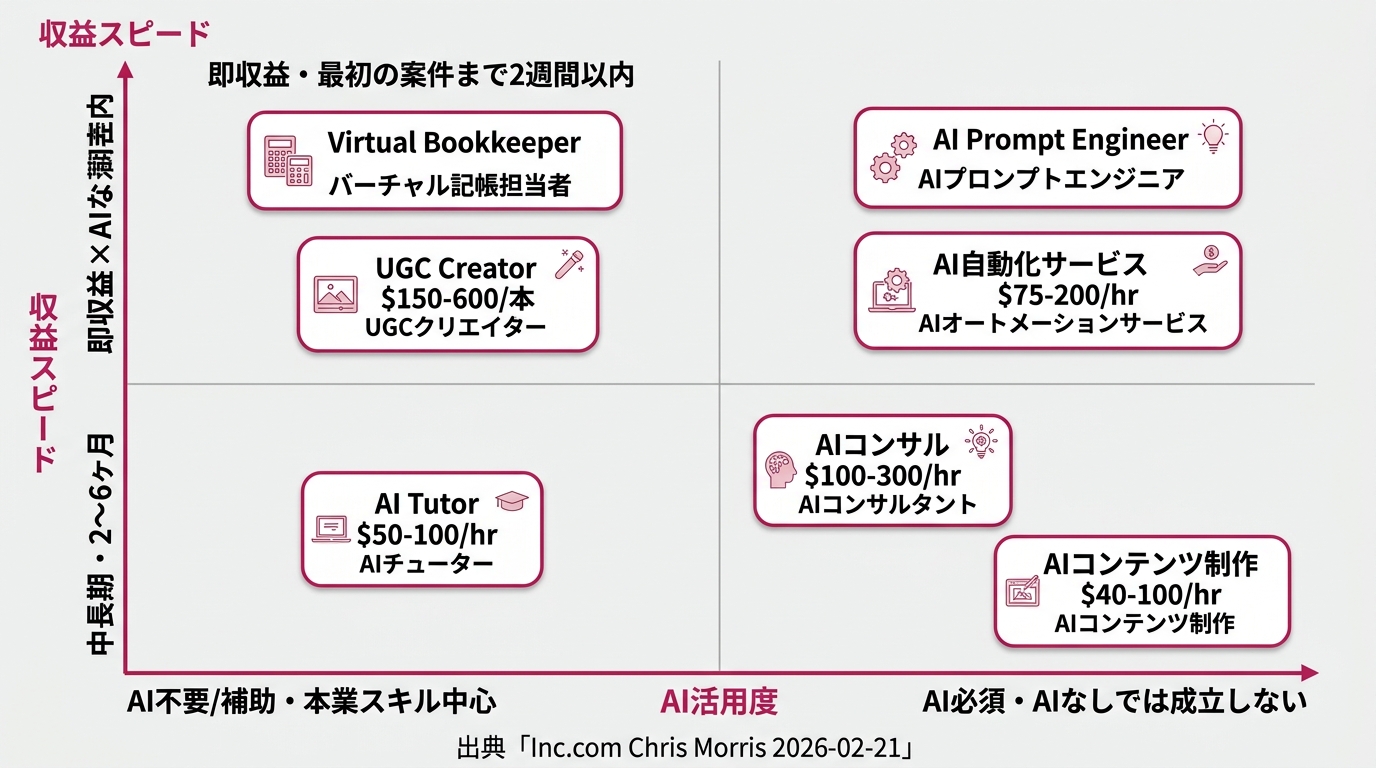 縦軸「収益スピード」(上=即収益・最初の案件まで2週間以内、下=中長期・2〜6ヶ月)