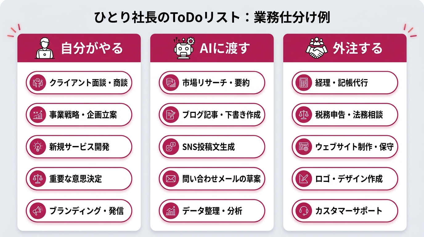 「自分がやる」「AIに渡す」「外注」の3列フォーマットで書かれたTodoリストの例