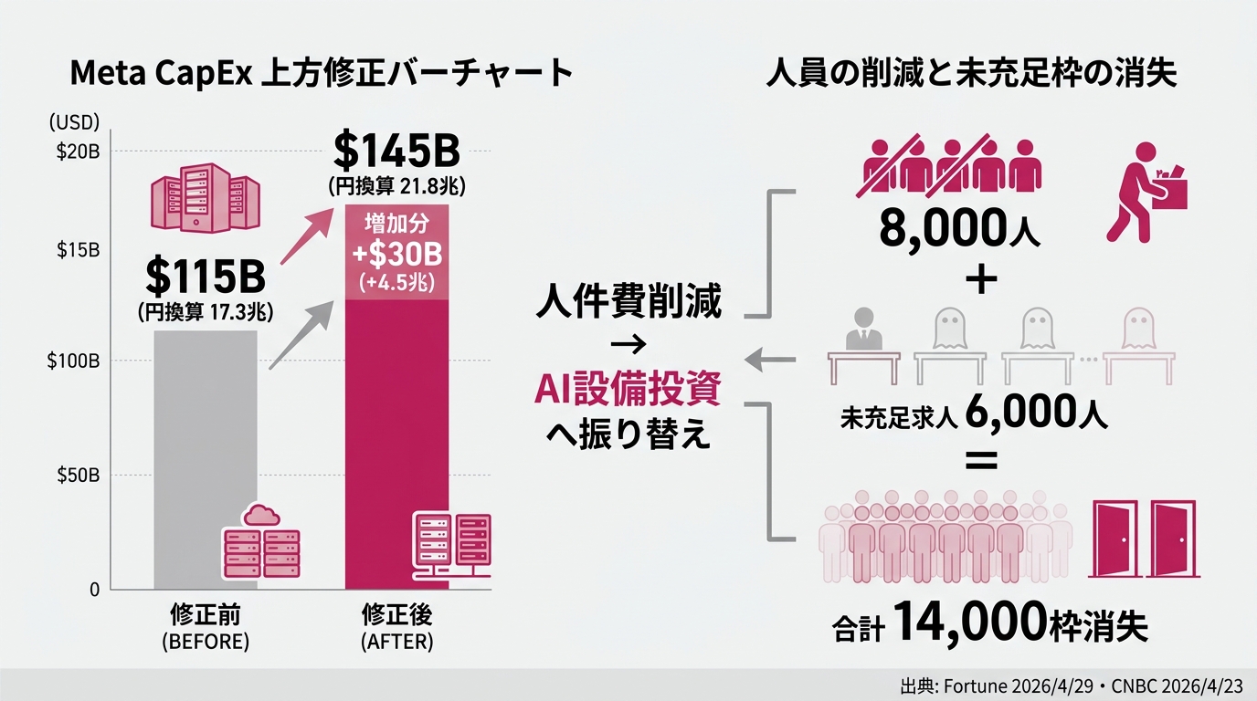 Meta CapEx $115B→$145B(円換算17.3兆〜21.8兆)の上方修正バーチャート(