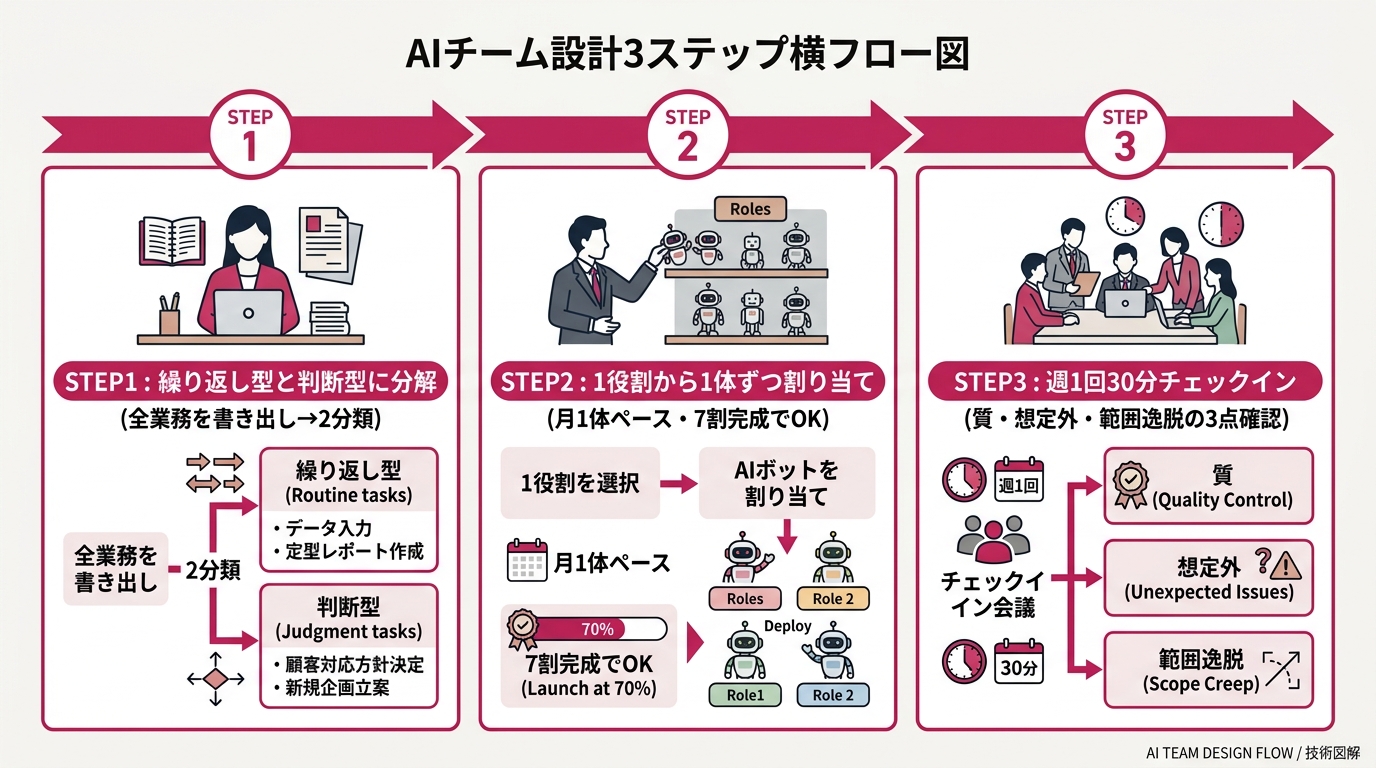Horizontal flow diagram of AI team design in 3 steps. Left: "STEP 1: Break into recurring and judgment tasks (list all work → 2-category split)." Center: "STEP 2: Assign 1 agent per role, starting from 1." Right: "STEP 3: Weekly 30-min check-in."