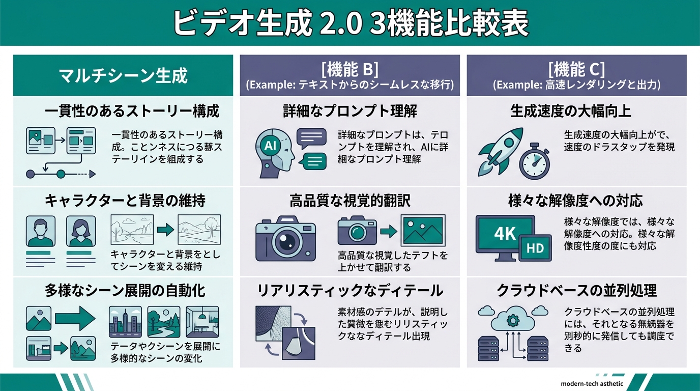 Video Generation 2.0の3機能比較表