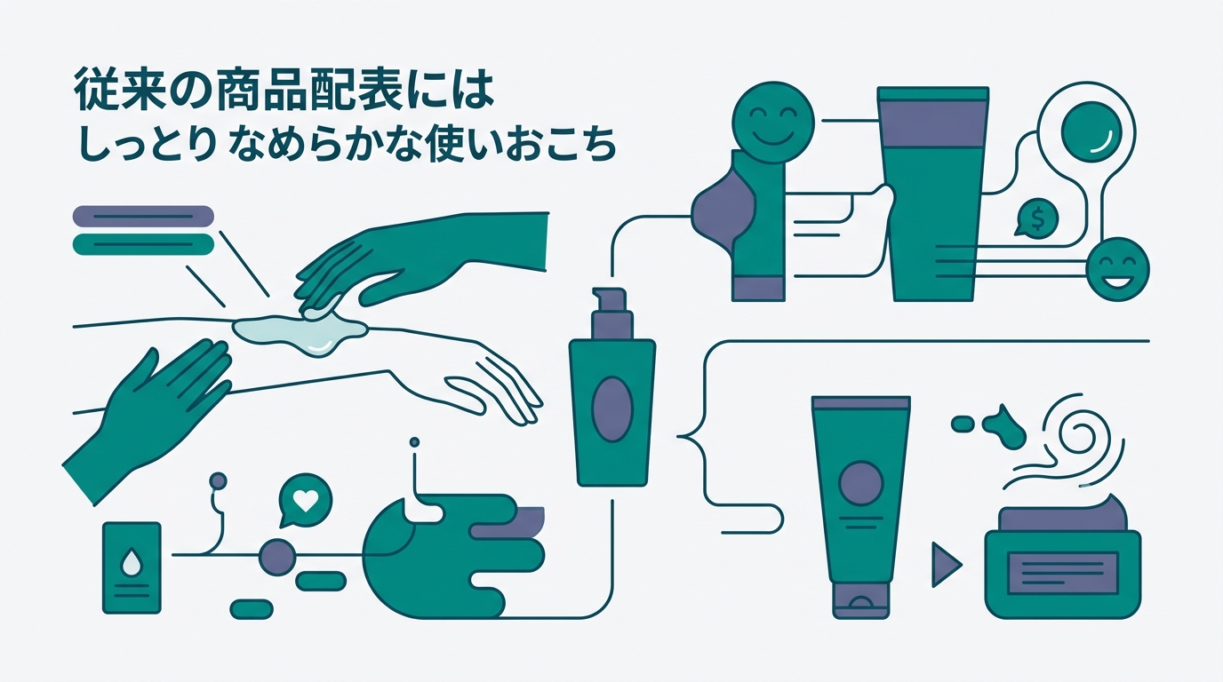 従来の商品説明文(感情訴求型:「しっとりなめらかな使い心地」)とアジェンティックコマース対応の説明文