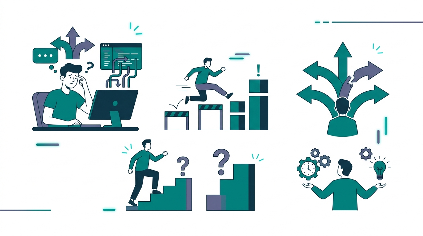 Diagram contrasting "3 pitfalls" with their solutions in two columns. Red pitfall icons on the left, green solution icons on the right.