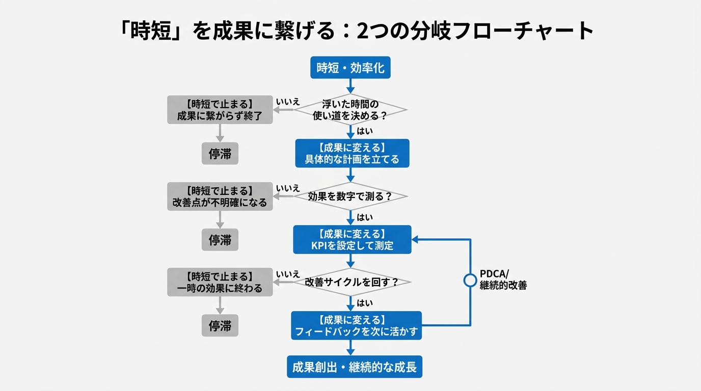 「時短で止まる」パターンと「成果に変える」パターンのフローチャート