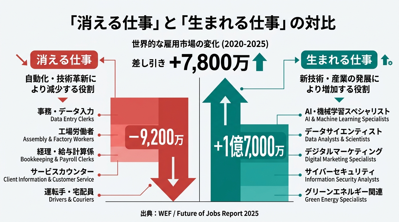 「消える仕事」と「生まれる仕事」の対比を示すデータグラフィック