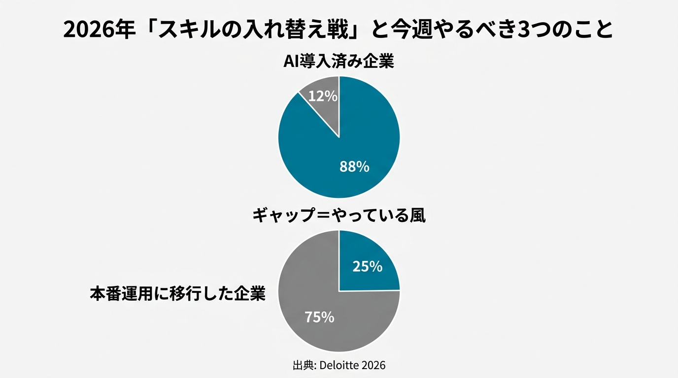 「導入率88%」と「本番移行25%」のギャップを示す図解