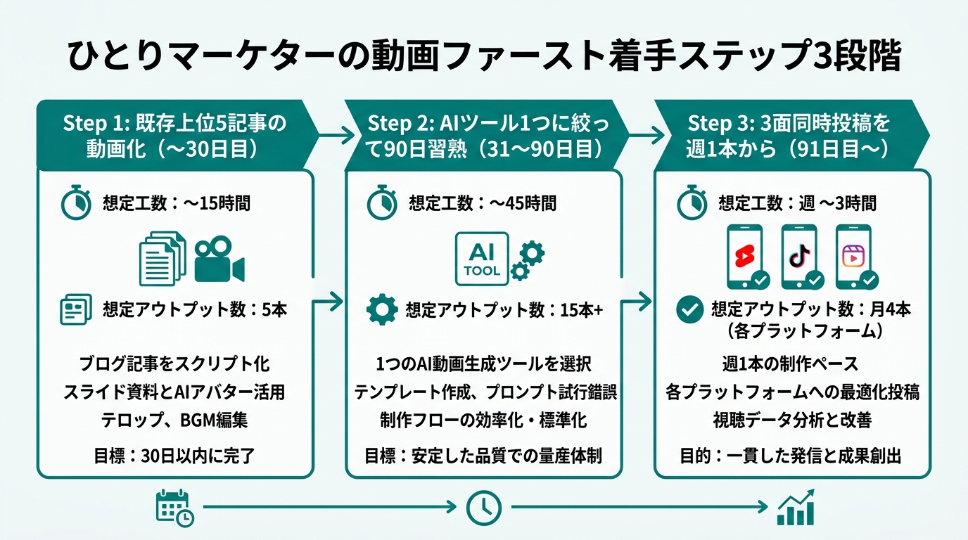 ひとりマーケターの動画ファースト着手ステップ3段階を時系列フローで表現