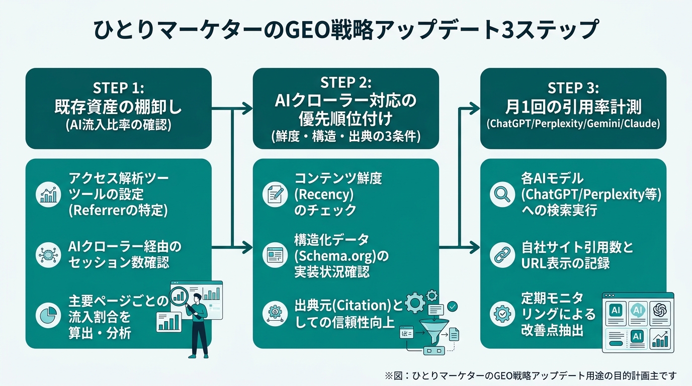 ひとりマーケターのGEO戦略アップデート3ステップを示すフローチャート