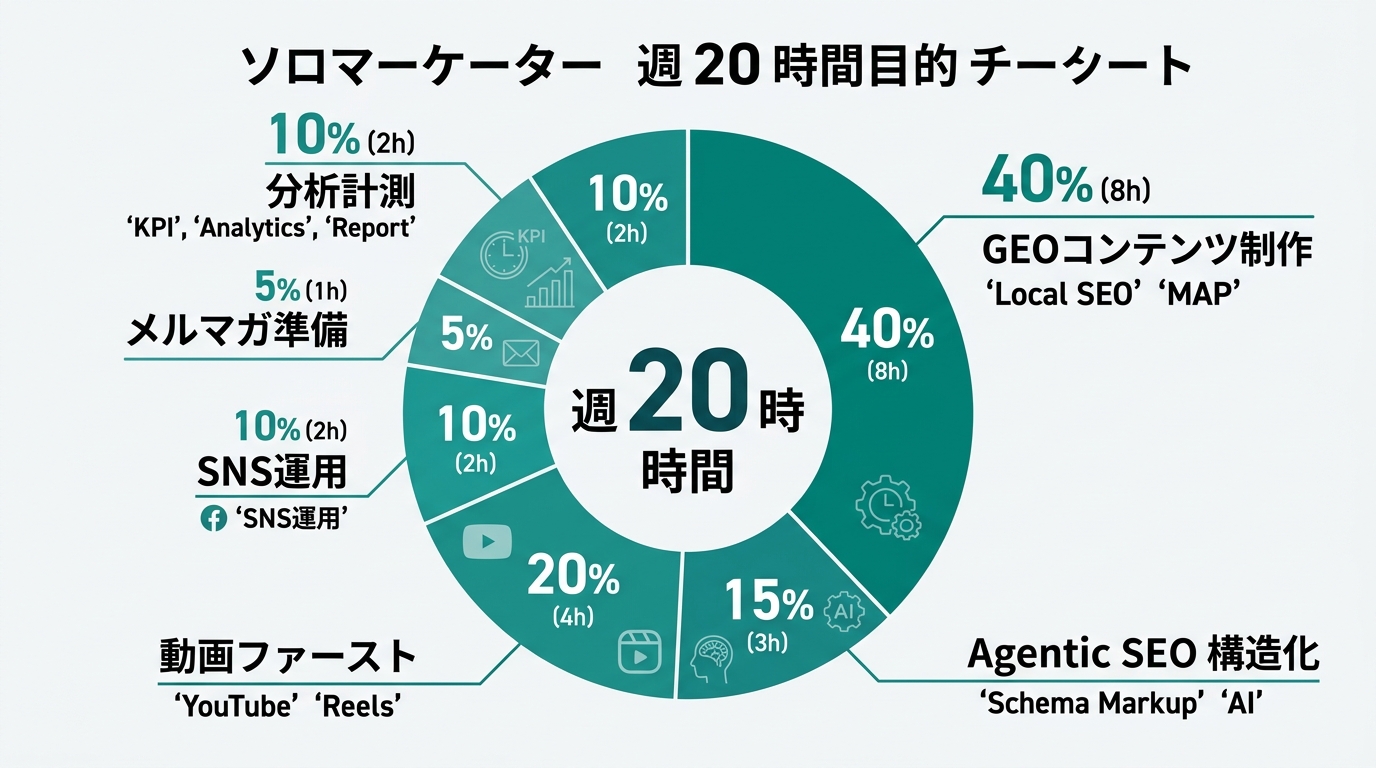 ひとりマーケターの週次20時間配分を円グラフで可視化