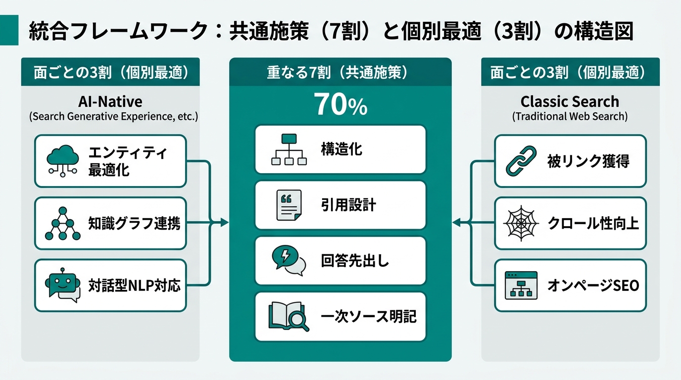 A structural diagram of the integration framework with "Overlapping 70% (Common Tactics)" in the center and "30% per surface (Individual Optimization)" on both sides. The common tactics area shows "Structuring," "Citation Design," "Answer-First," and "U