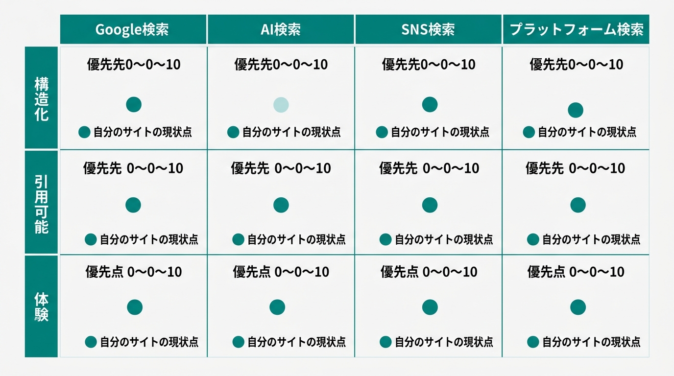 A 4-column × 3-row matrix diagram. The horizontal axis shows the 4 surfaces "Google Search," "AI Search," "Social Search," and "Platform Search," while the vertical axis shows the 3 layers "Structural," "Citable," and "Experience."