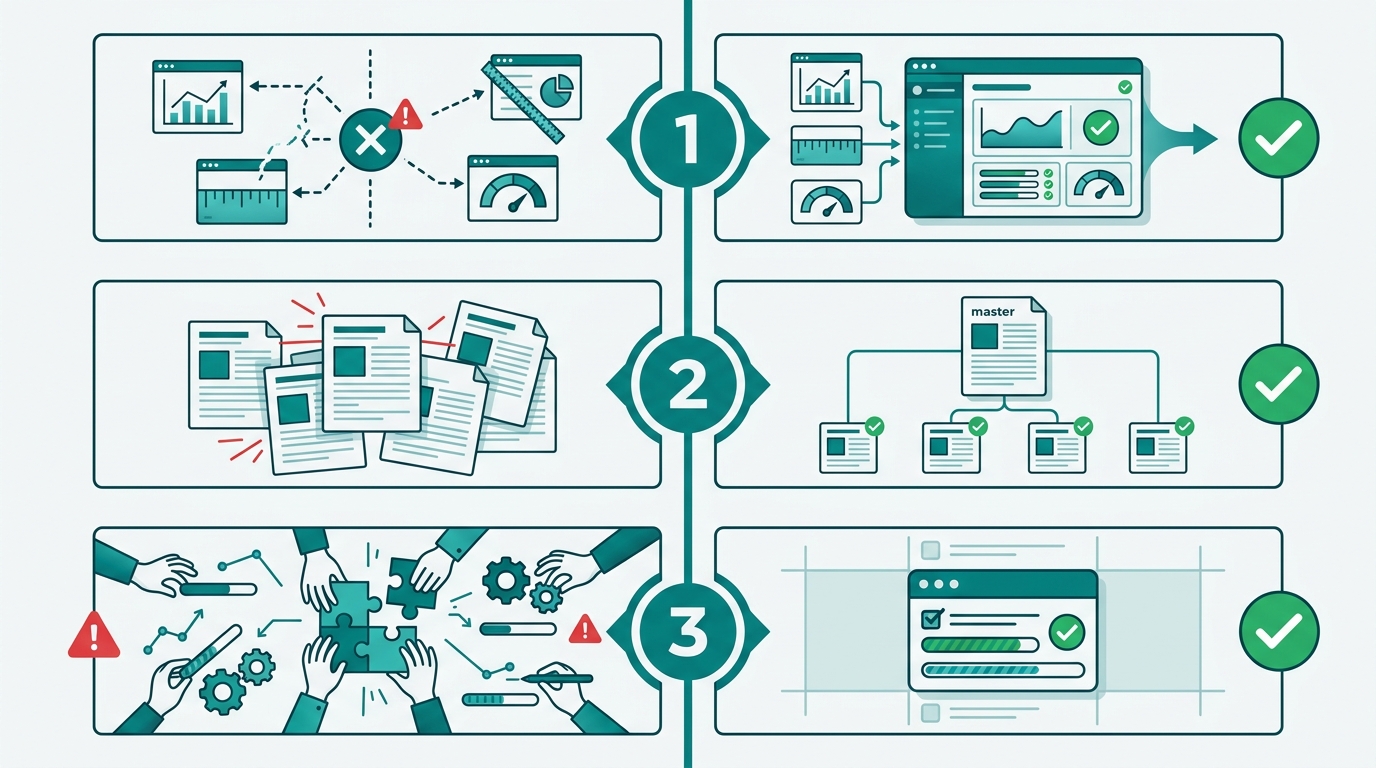 A cautionary diagram with three pitfalls and their countermeasures arranged as a vertical checklist. "Pitfall 1: Measurement Not Unified" → "Countermeasure: Sign up for measurement tool first," "Pitfall 2: Conte
