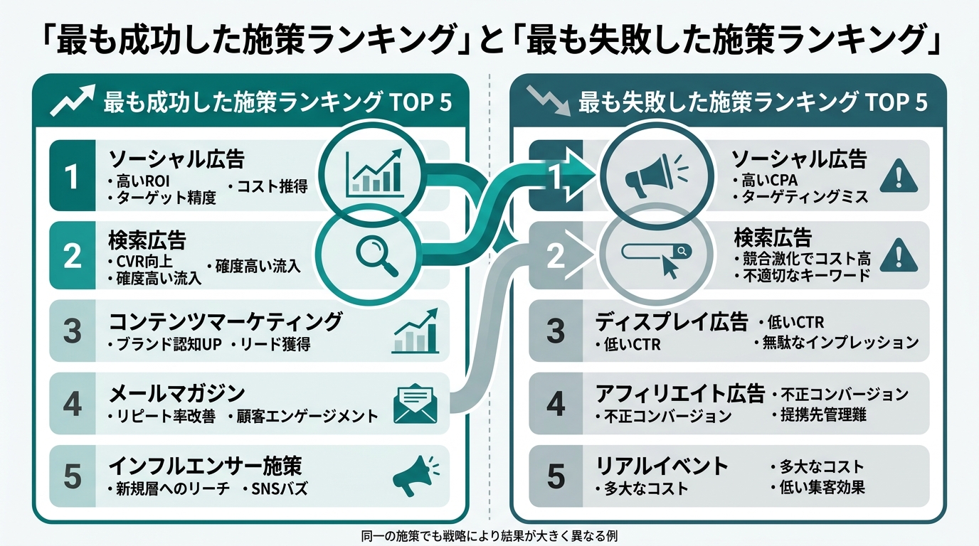 「最も成功した施策ランキング」と「最も失敗した施策ランキング」を左右に並べた比較図