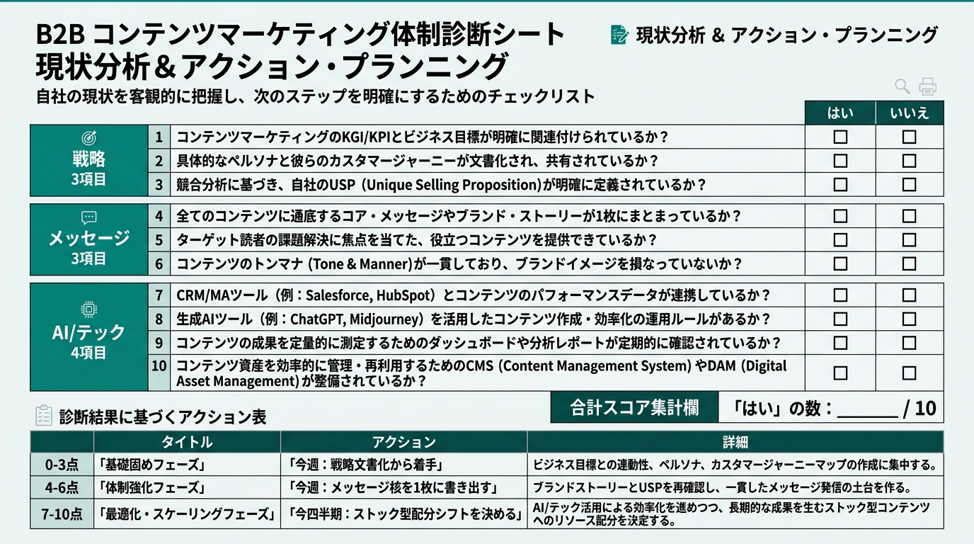 10項目のチェックボックスが3レイヤー(戦略・メッセージ・AI/テック)に分かれた診断シート
