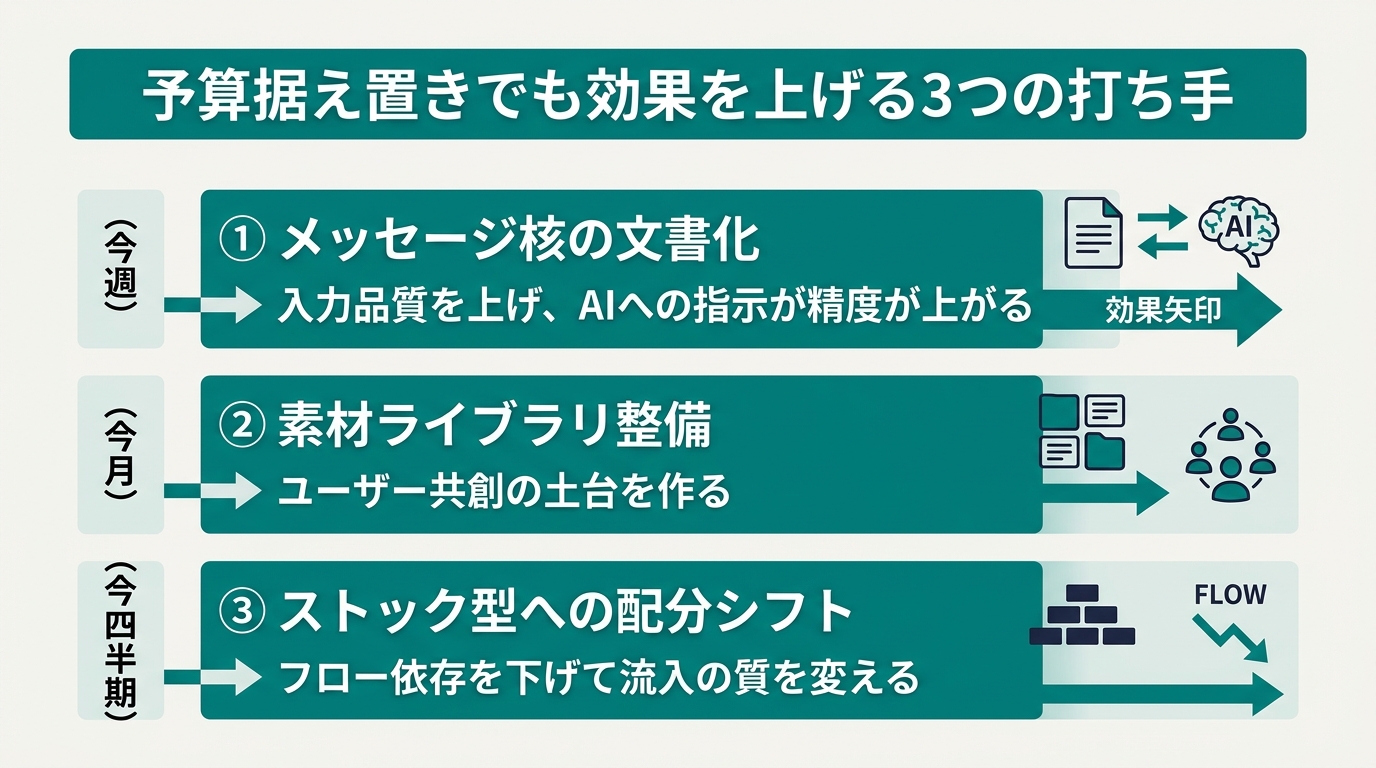 「予算据え置きでも効果を上げる3つの打ち手」を縦に並べた一覧図