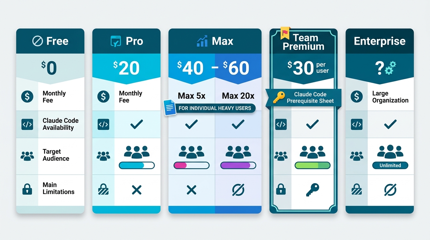 Five-plan comparison table showing Free, Pro, Max 5x, Max 20x, Team Premium, Enterprise as vertical cards. Each card shows monthly cost