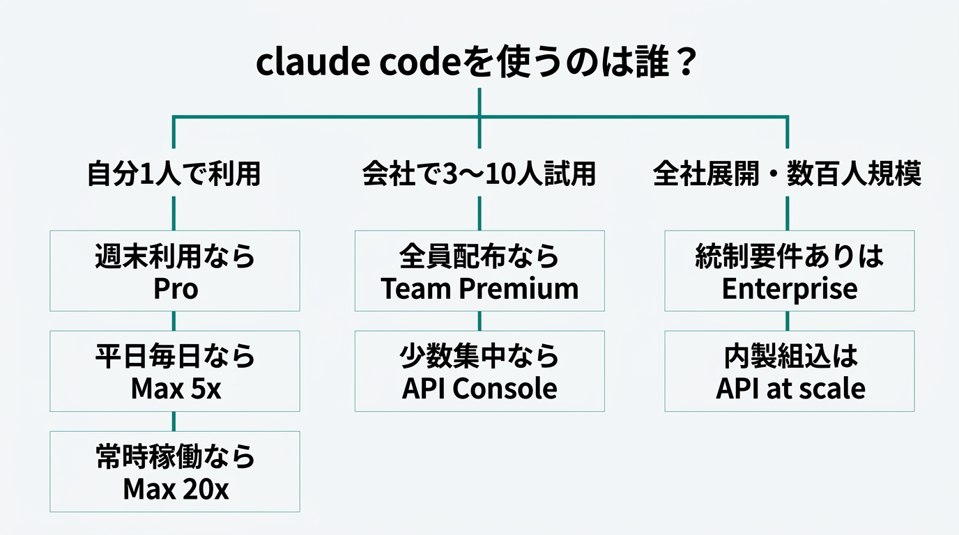 Vertical decision flow diagram. Root node "Who is using Claude Code?" with 3 branches: personal, team, company-wide