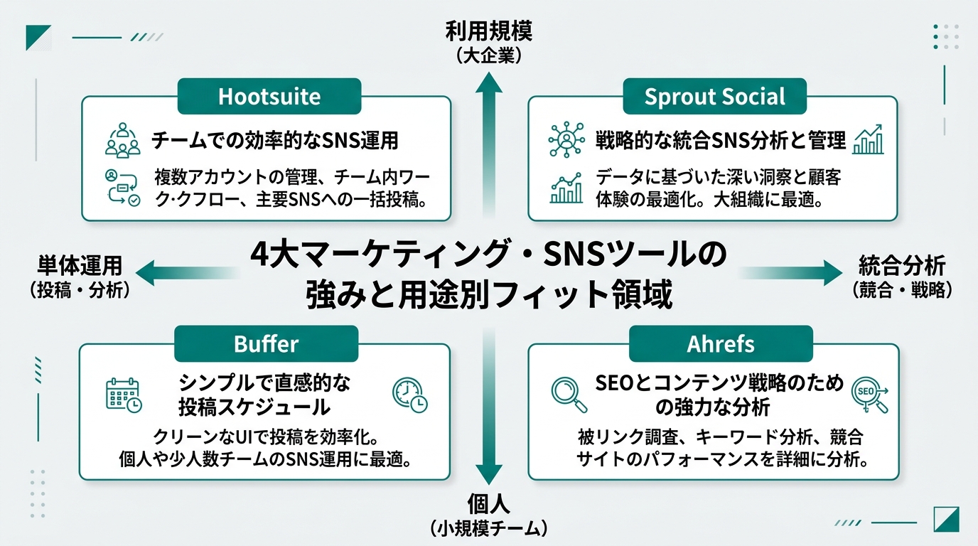 4ツール(Ahrefs/Buffer/Hootsuite/Sprout)の強みと用途別フィット領域を