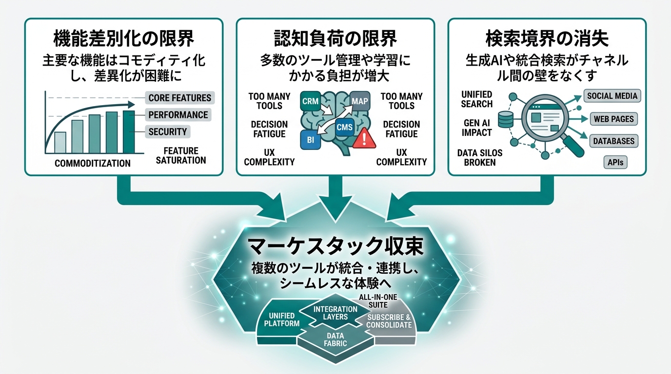 A diagram where three drivers — "limits of feature differentiation," "limits of cognitive load," and "disappearance of search boundaries" — converge with arrows toward "martech stack consolidation" at the center. Each driver has a short caption