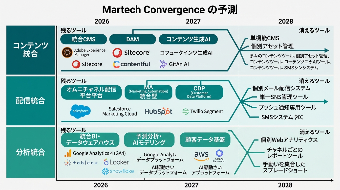 A martech consolidation prediction diagram from 2026 to 2028. In each of three layers (content integration, delivery integration, analytics integration), "remaining tools" and "disappearing tools" are clearly marked. Horizontal axis time, vertical axis domain