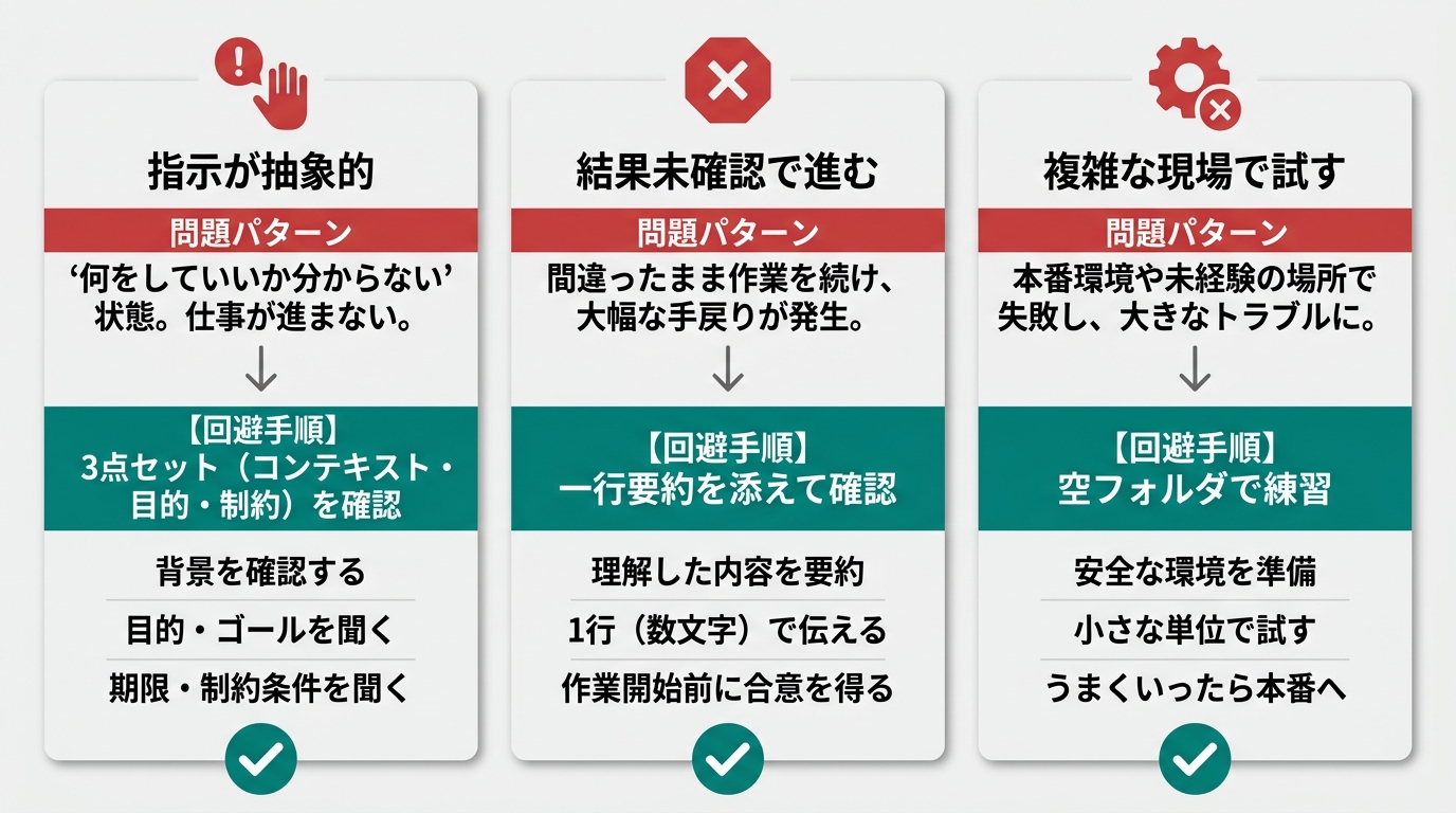 初日に詰まる3パターンと、それぞれの回避手順を3カラム並列で示す比較図