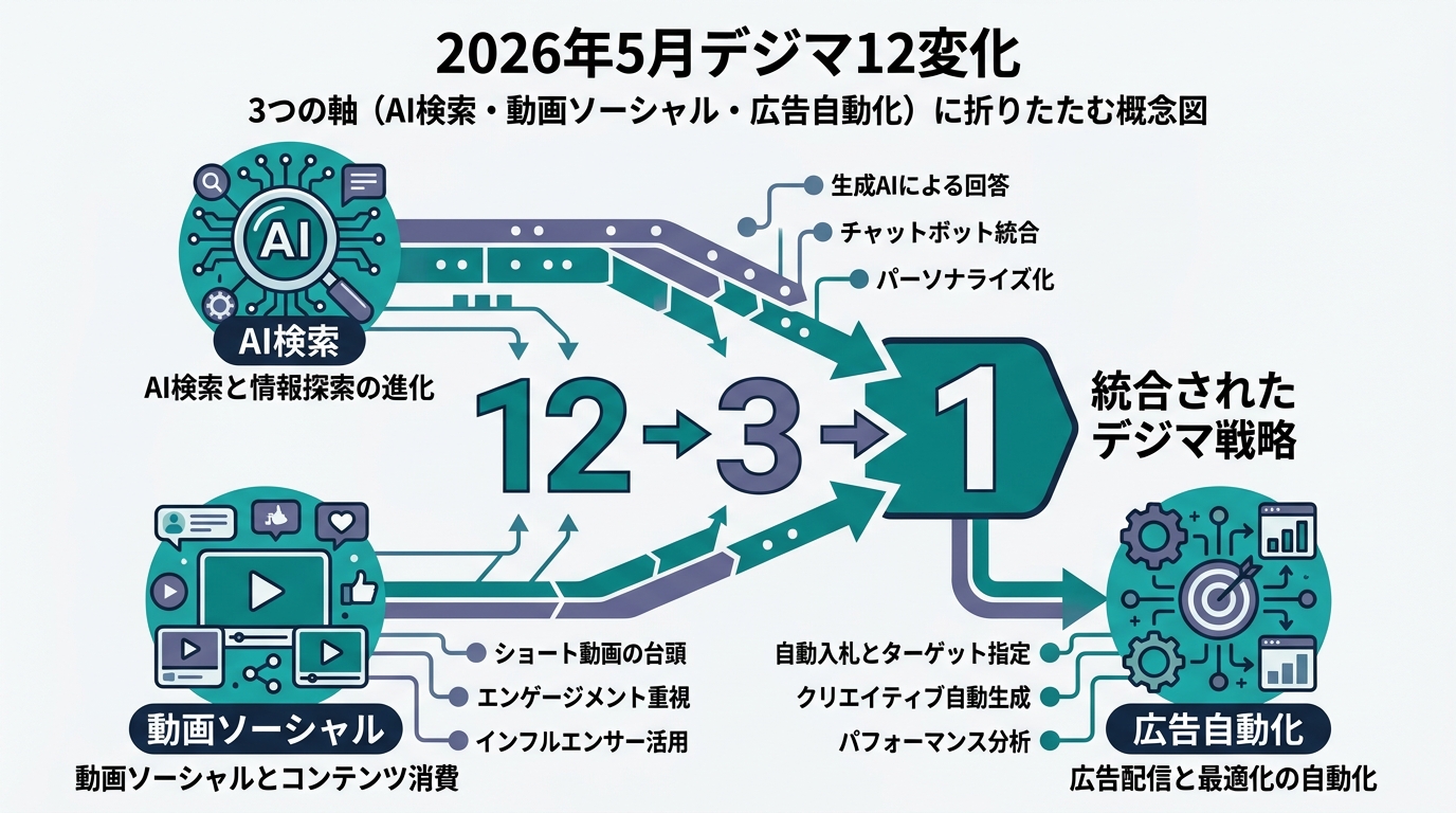 「2026年5月デジマ12変化」を3つの軸(AI検索・動画ソーシャル・広告自動化)に折りたたむ概念図