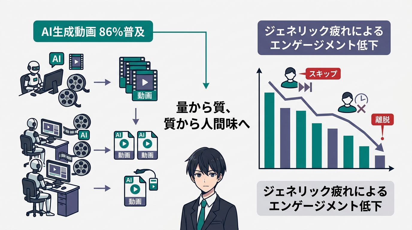 「AI生成動画 86%普及」と「ジェネリック疲れによるエンゲージメント低下」をセットで示すdiagr