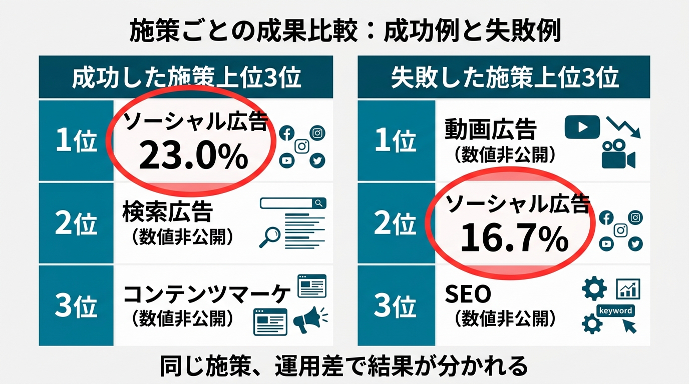 成功した施策上位3位(1位ソーシャル広告23.0%・2位検索広告(数値非公開)・3位コンテンツマーケ