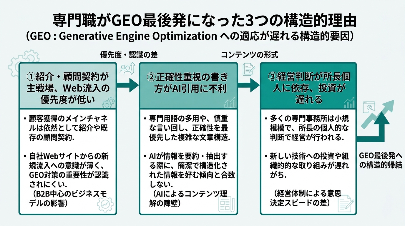 「専門職がGEO最後発になった3つの構造的理由」を整理したフロー図
