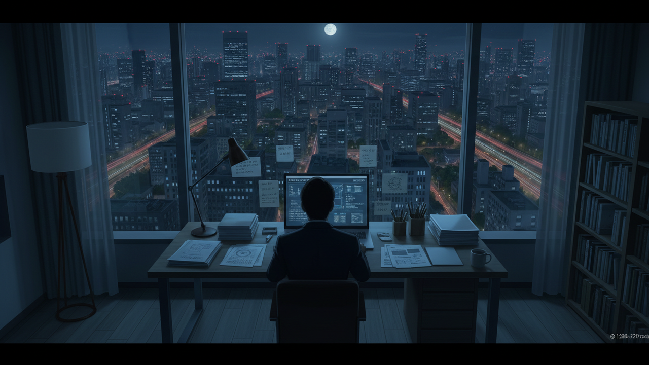 夜景と準備するビジネスパーソン